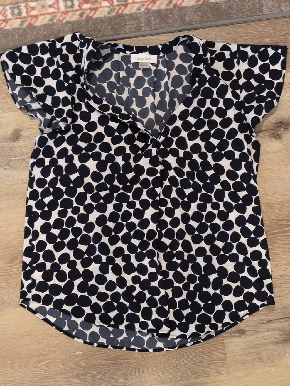 Calvin Klein Black & White Polka Dot Short Sleeve Button-Front Top